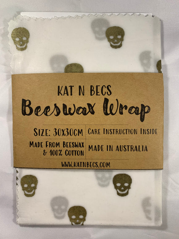 Bees Wax Wrap 30x30cm 100% Cotton - White With Gold Skulls