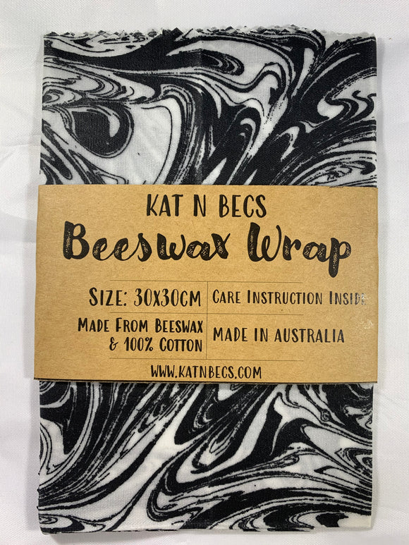 Bees Wax Wrap 30x30cm 100% Cotton - White With Black Swirls