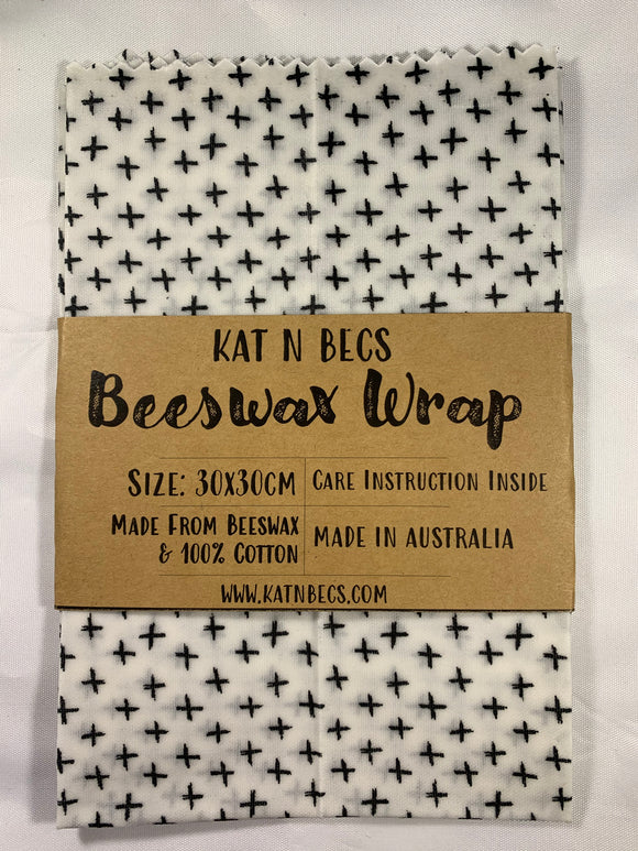 Bees Wax Wrap 30x30cm 100% Cotton - Black Cross/Plus Symbol