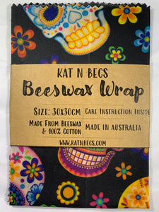 Bees Wax Wrap 30x30cm 100% Cotton - Day Of The Dead Skulls