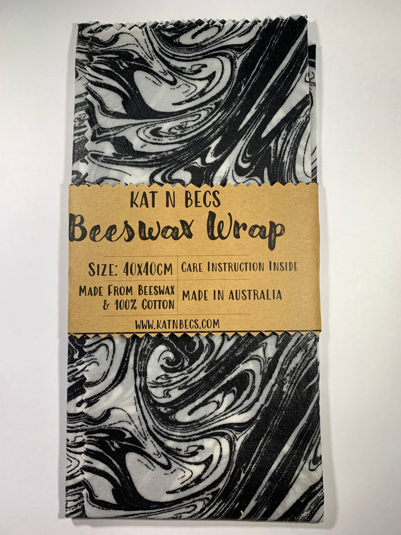 Bees Wax Wrap 40x40cm 100% Cotton - White With Black Swirl