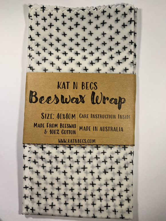 Bees Wax Wrap 40x40cm 100% Cotton - Black Cross/Plus Symbol