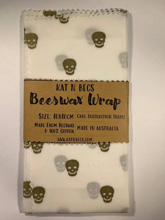 Bees Wax Wrap 40x40cm 100% Cotton - White Back ground Gold Skulls