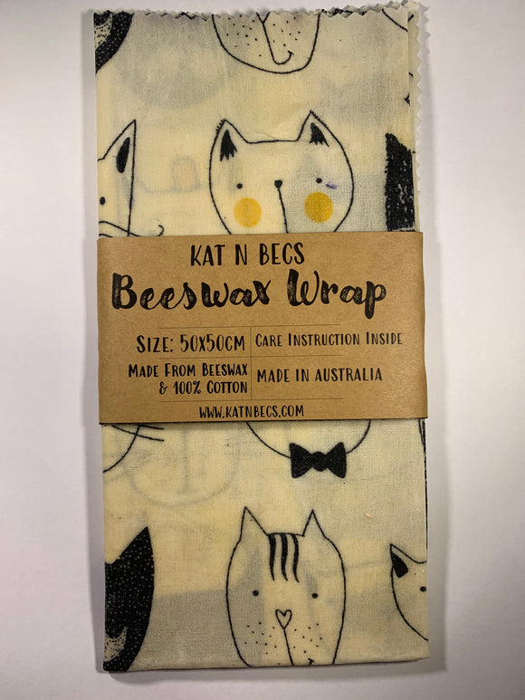 Bees Wax Wrap 50x50cm 100% Cotton - Cat Drawing