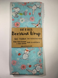 Bees Wax Wrap 55x45cm 100% Cotton - Blue Background With Bunnies