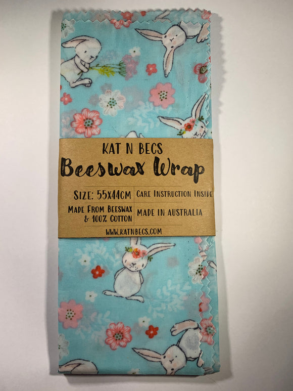 Bees Wax Wrap 55x45cm 100% Cotton - Blue Background With Bunnies
