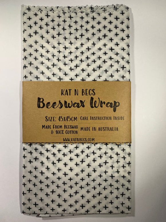 Bees Wax Wrap 45x45cm 100% Cotton - Black Cross/Plus Symbol
