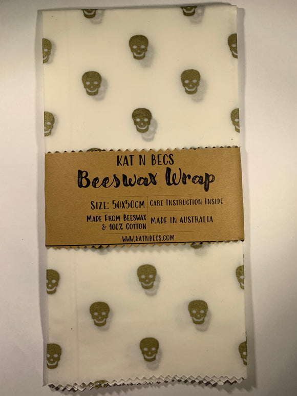 Bees Wax Wrap 50x50cm 100% Cotton - White Background Gold Skulls